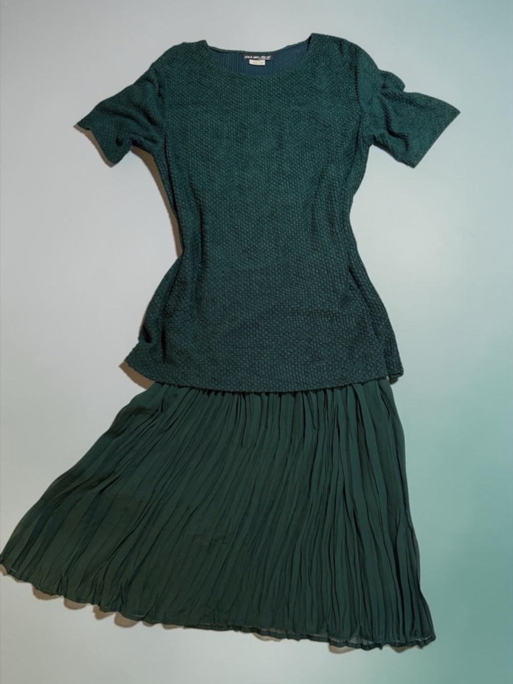 VTG 2 Piece Dress Skirt Midi Mini 80s Sz 12 Green Romantic Artsy Bohemian Luxe